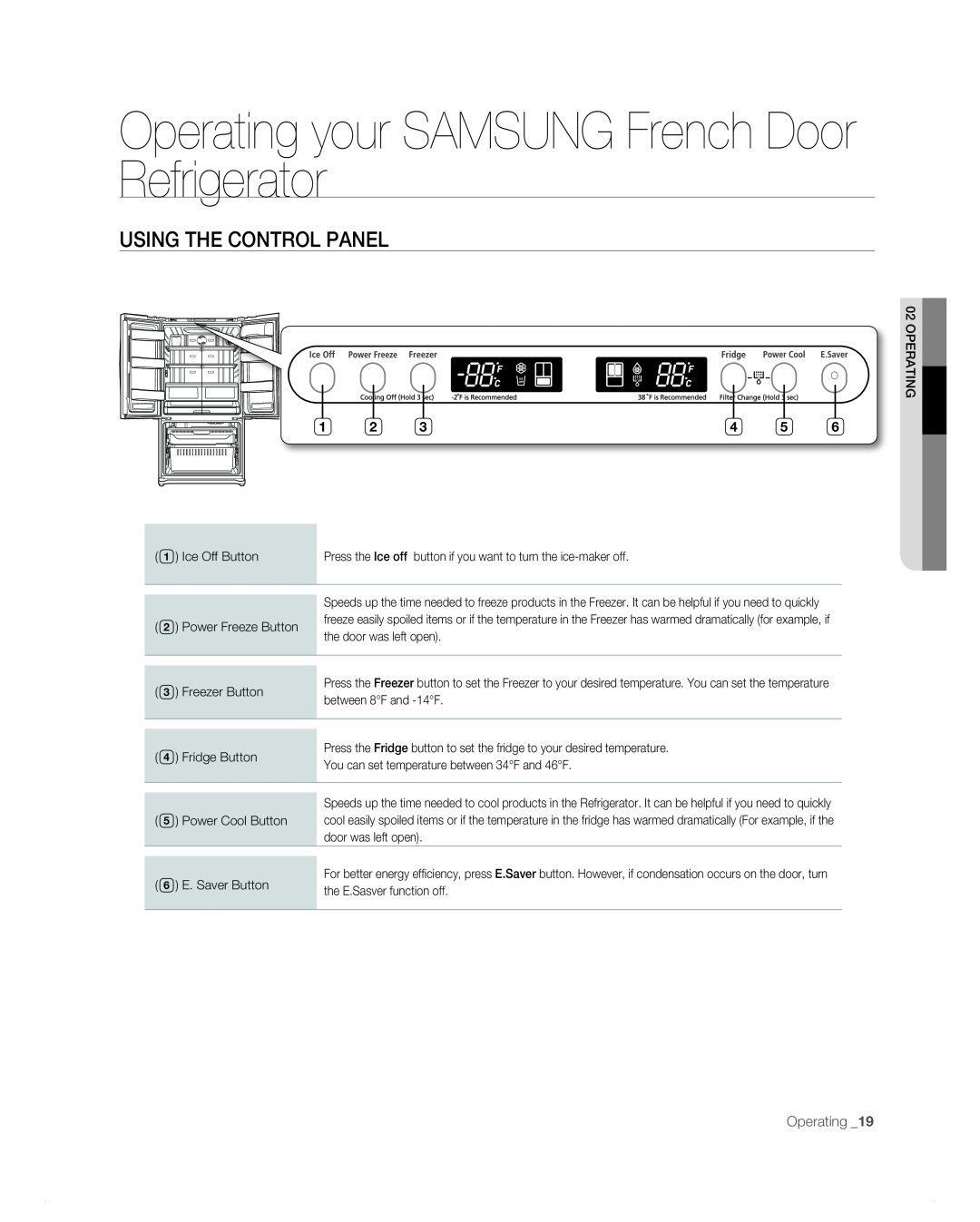 Samsung RF266AB, RF265AB user manual Operating your SAMSUNG French Door Refrigerator, Using the control panel 