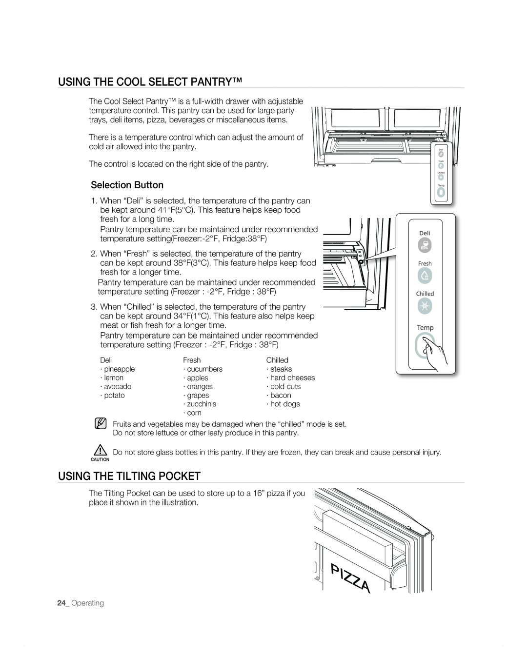 Samsung RF265AB, RF266AB user manual Using The Cool Select Pantry, USING the tilting pocket, Selection Button 