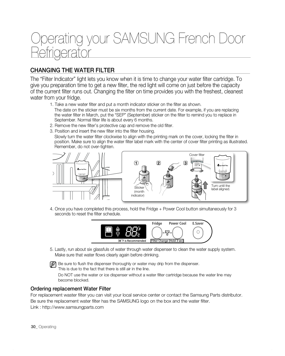 Samsung RF265AB, RF266AB user manual Changing The Water Filter, Ordering replacement Water Filter 