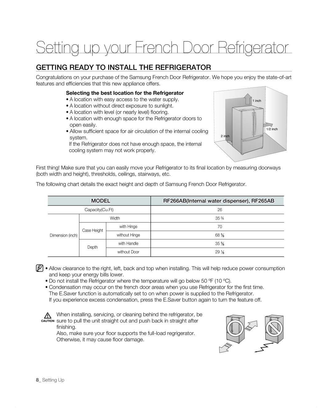 Samsung RF265AB, RF266AB user manual Setting up your French Door Refrigerator, Getting Ready To Install The Refrigerator 