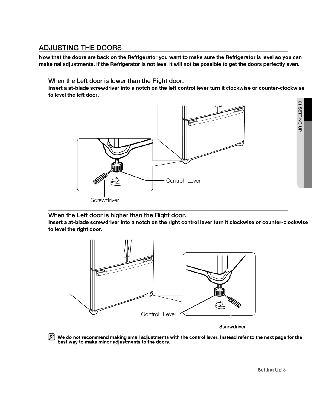 Samsung RF265, RF266 user manual Adjusting the doors, When the Left door is lower than the Right door 