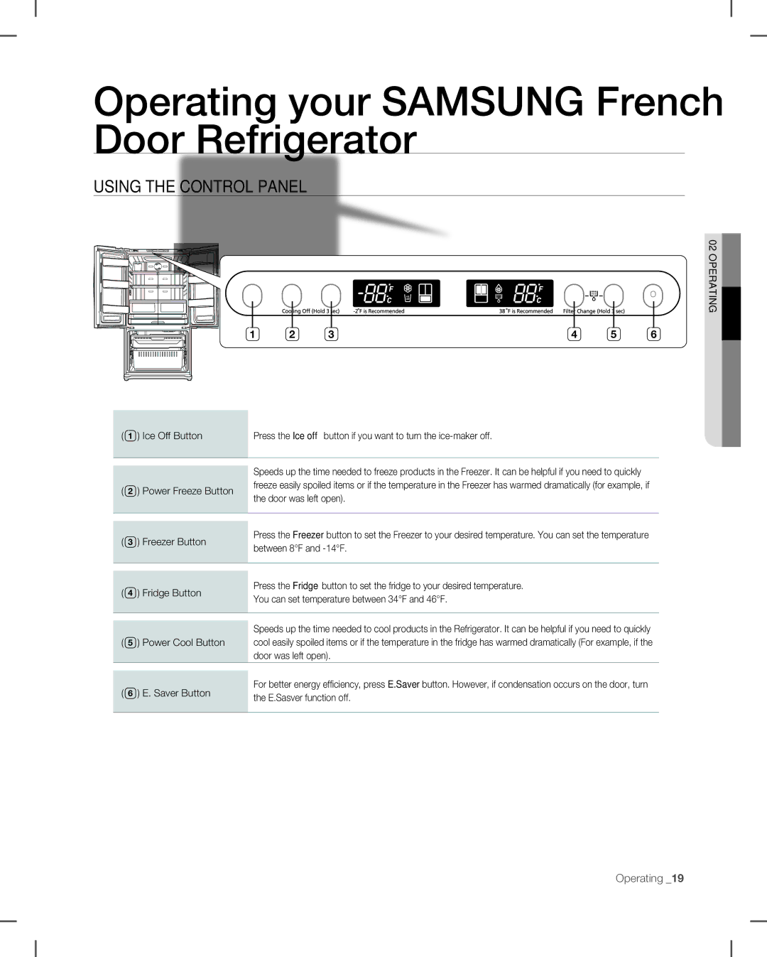 Samsung RF265, RF266 user manual Operating your Samsung French Door Refrigerator, Using the control panel 