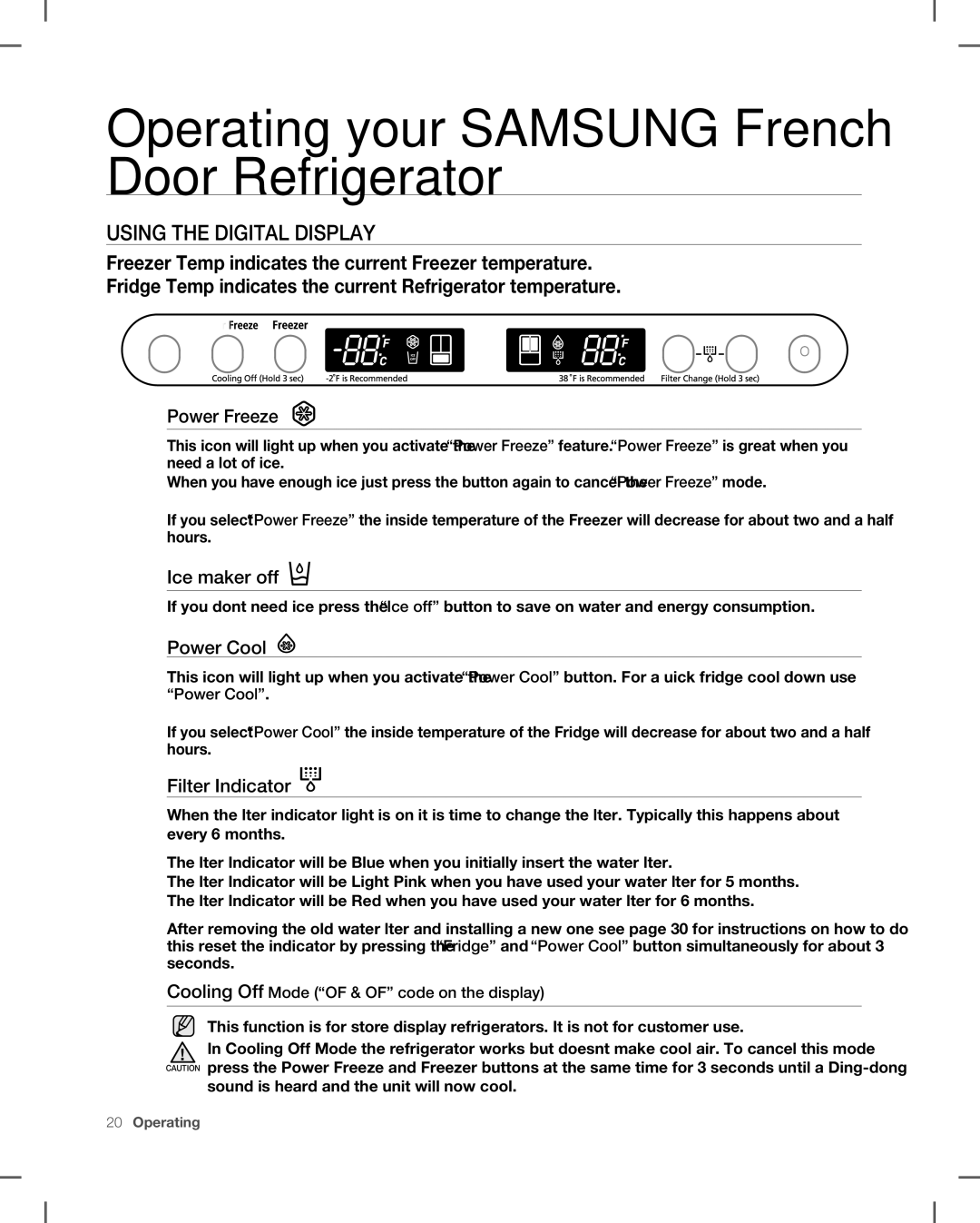 Samsung RF266, RF265 user manual Using the Digital Display, Ice maker off, Power Cool, Filter Indicator 