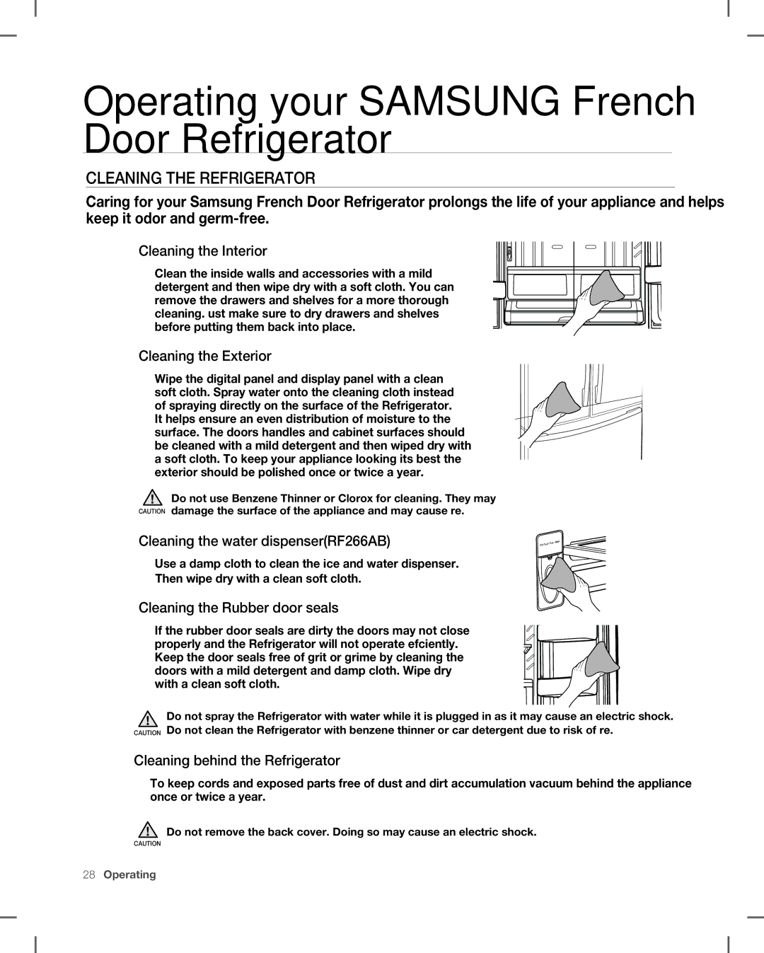 Samsung RF266, RF265 user manual Cleaning the Refrigerator 