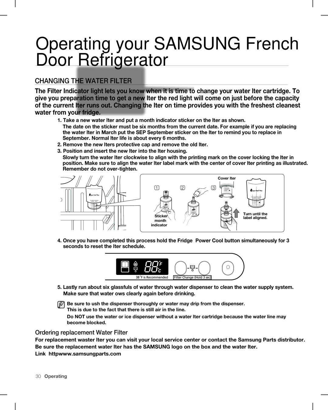 Samsung RF266, RF265 user manual Changing the Water Filter, Ordering replacement Water Filter 