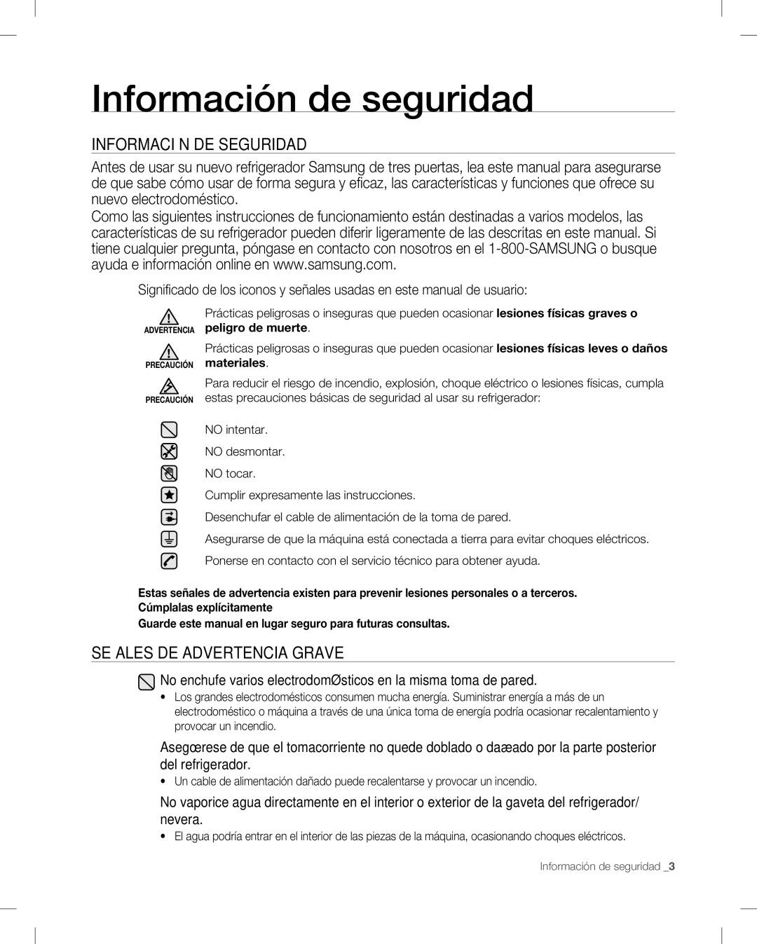 Samsung RF265, RF266 user manual Información de seguridad, Señales DE Advertencia Grave 