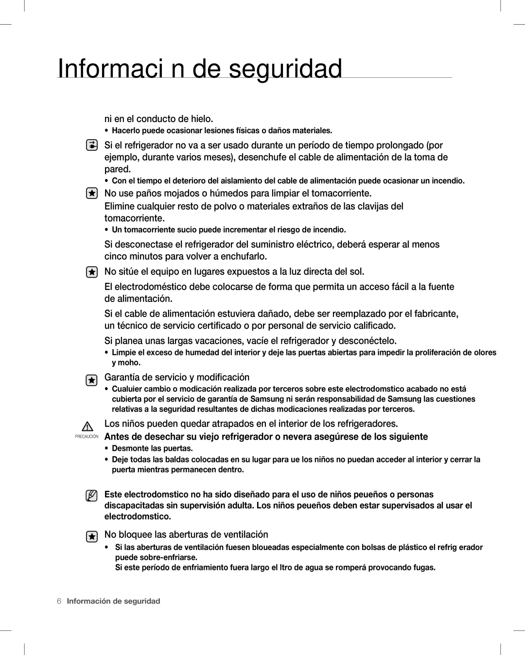 Samsung RF266 Ni en el conducto de hielo, Garantía de servicio y modificación, No bloquee las aberturas de ventilación 