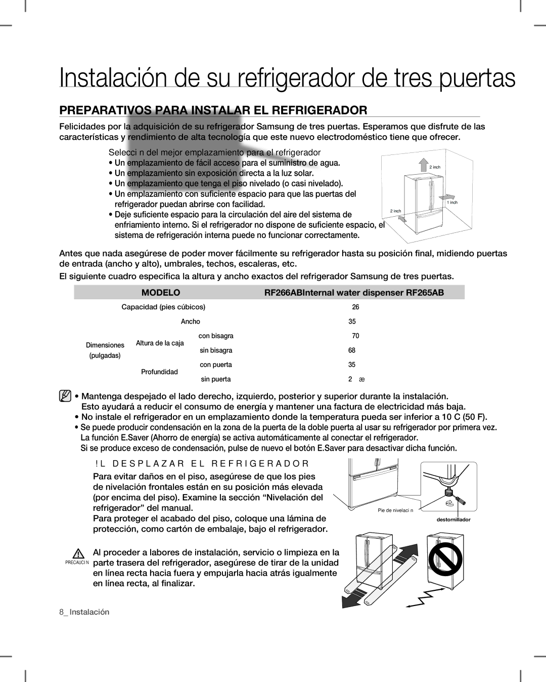 Samsung RF266, RF265 user manual Instalación de su refrigerador de tres puertas, Preparativos Para Instalar EL Refrigerador 