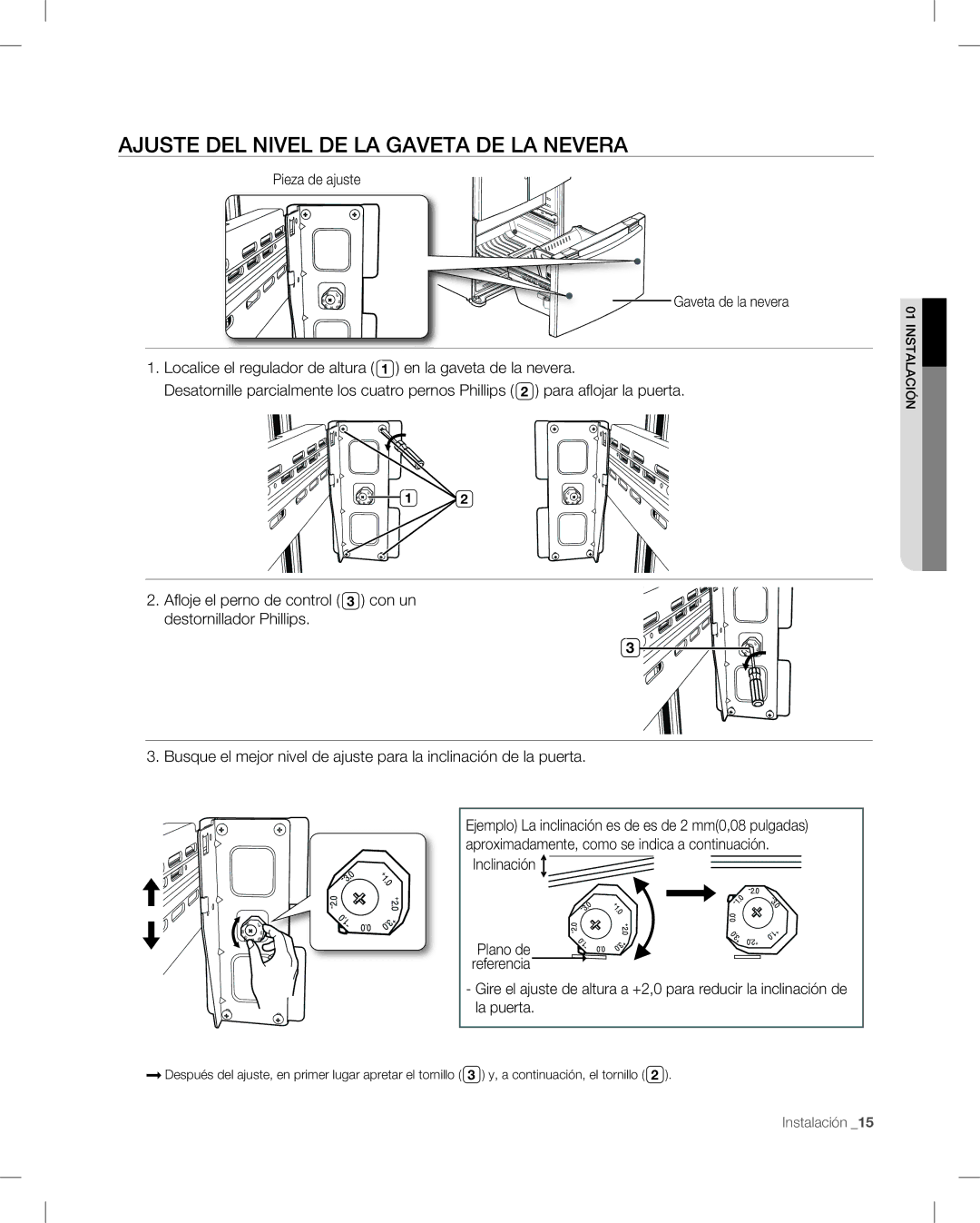 Samsung RF265, RF266 user manual Ajuste DEL Nivel DE LA Gaveta DE LA Nevera 