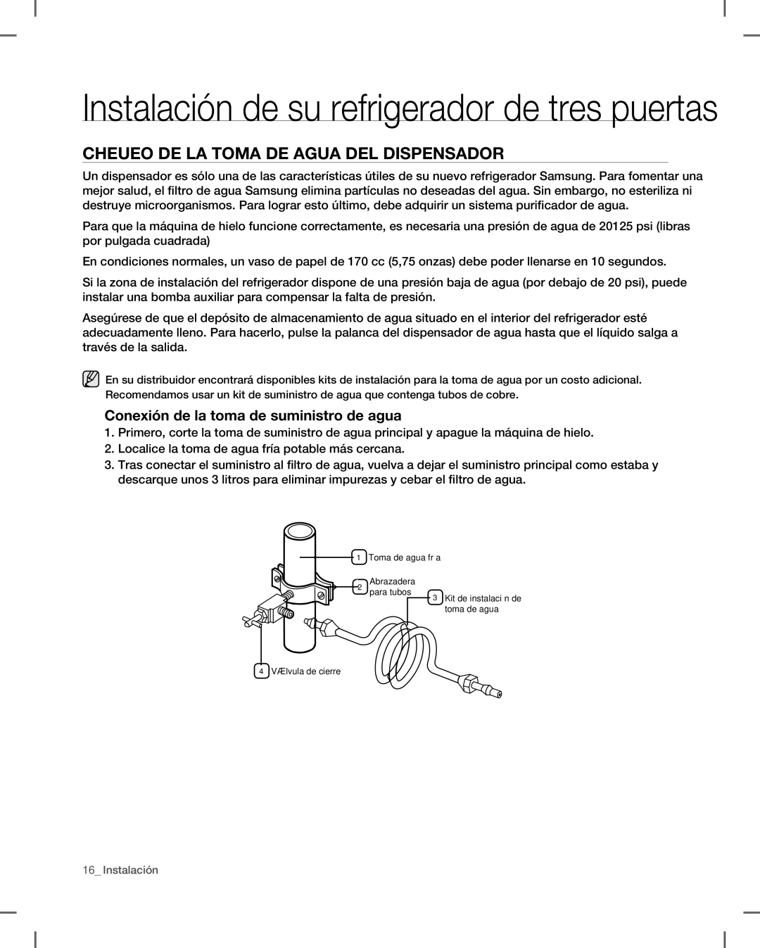 Samsung RF266, RF265 user manual Chequeo DE LA Toma DE Agua DEL Dispensador, Conexión de la toma de suministro de agua 