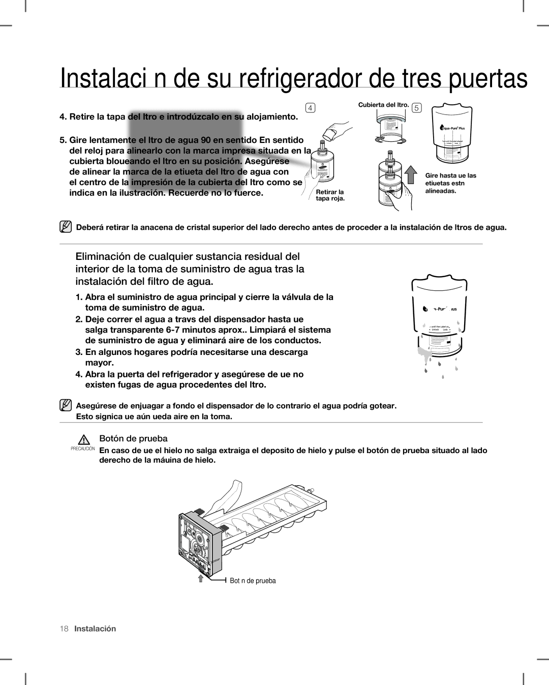 Samsung RF266, RF265 user manual Retire la tapa del filtro e introdúzcalo en su alojamiento 