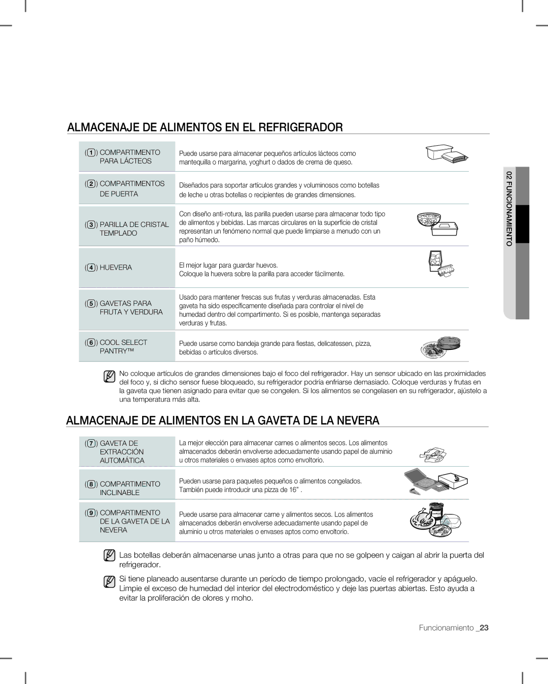 Samsung RF265, RF266 Almacenaje DE Alimentos EN EL Refrigerador, Almacenaje DE Alimentos EN LA Gaveta DE LA Nevera 