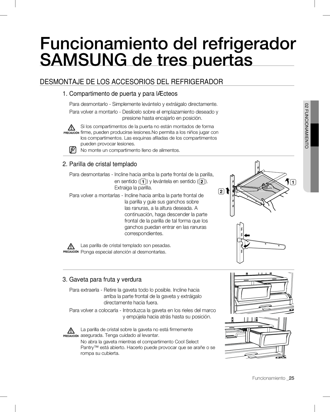 Samsung RF265, RF266 user manual Desmontaje DE LOS Accesorios DEL Refrigerador, Compartimento de puerta y para lácteos 