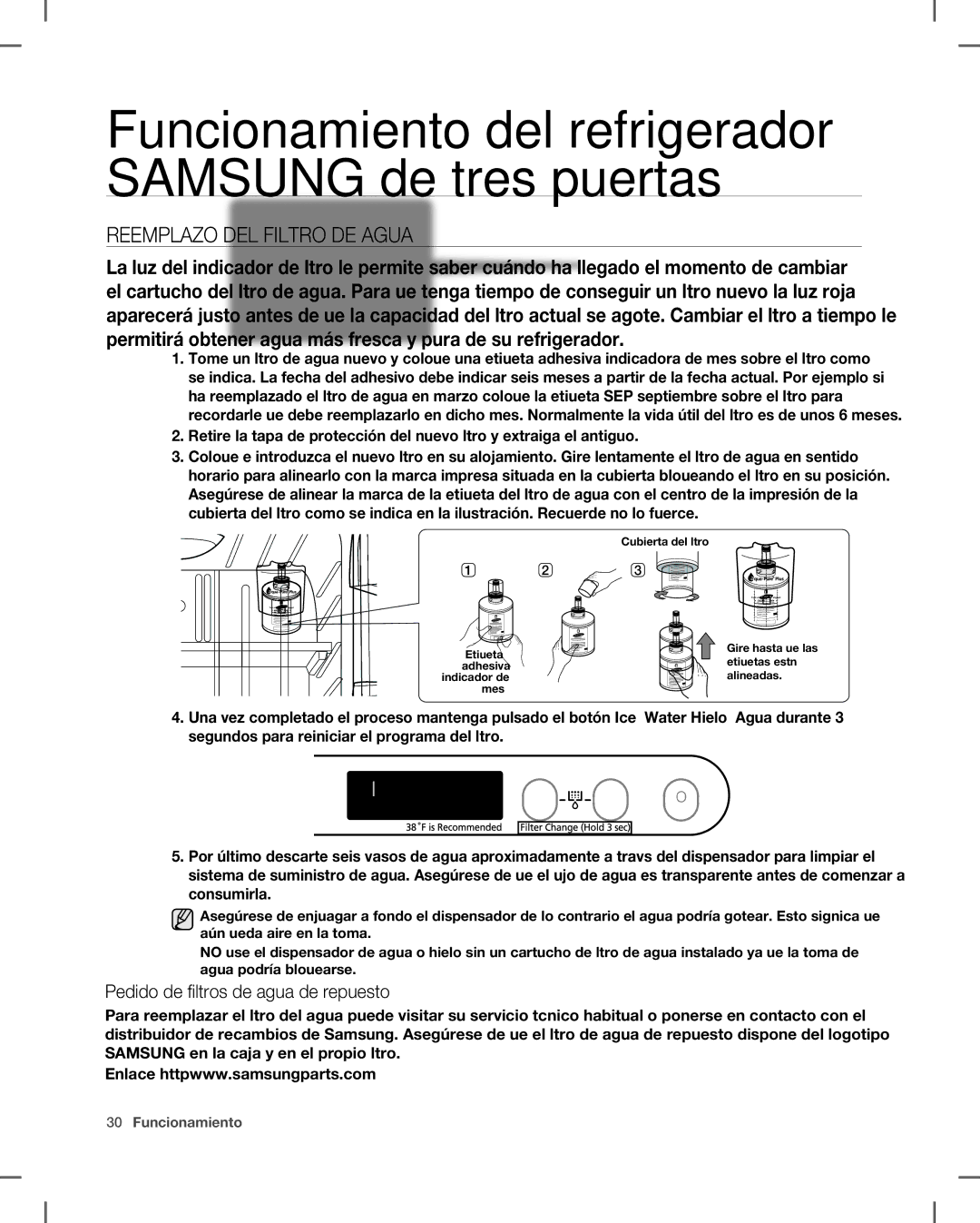 Samsung RF266, RF265 user manual Reemplazo DEL Filtro DE Agua, Pedido de filtros de agua de repuesto 