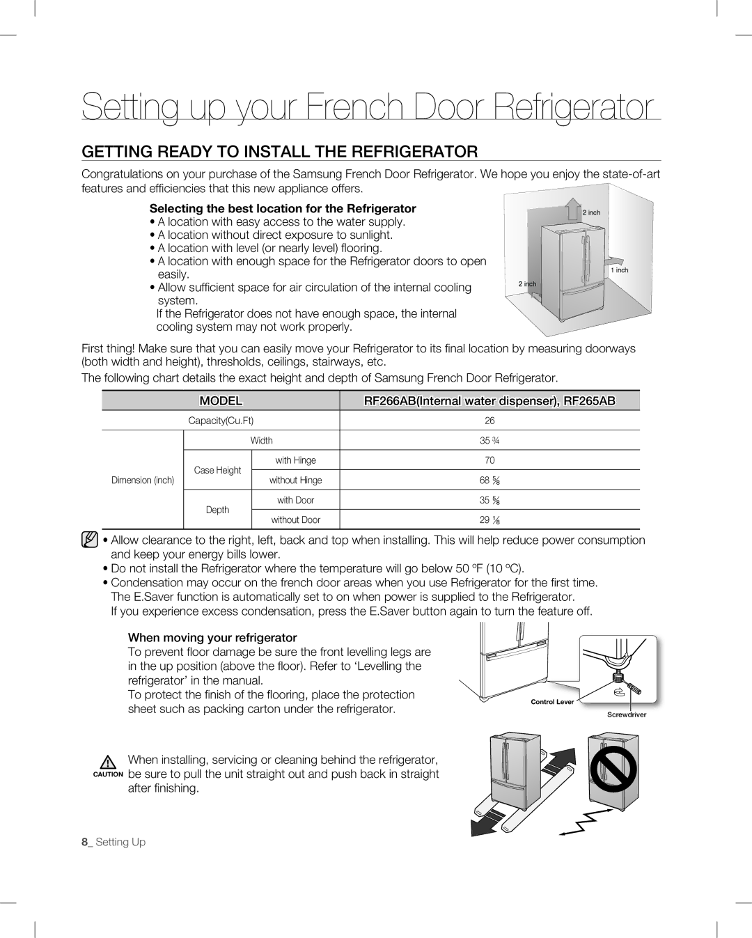 Samsung RF266, RF265 user manual Setting up your French Door Refrigerator, Getting Ready to Install the Refrigerator 