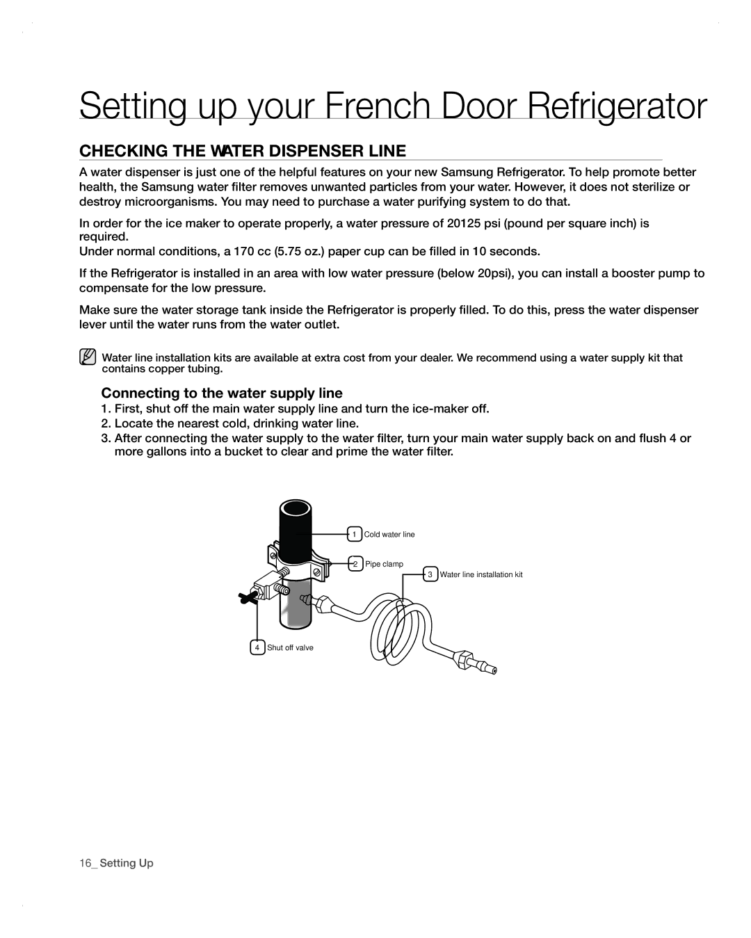 Samsung RF266AA, RF265AA user manual Checking the Water Dispenser Line, Connecting to the water supply line 