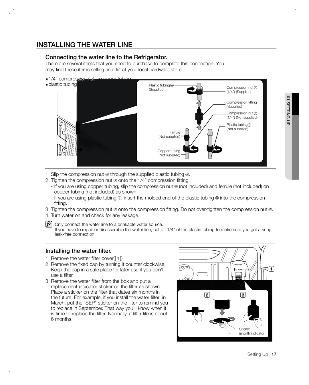 Samsung RF265AA InstALLing tHe wAteR Line, Connecting the water line to the Refrigerator, Installing the water fi lter 