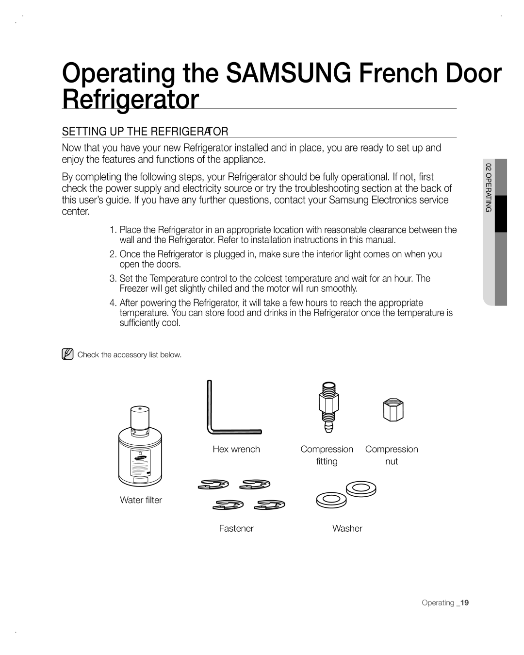 Samsung RF265AA, RF266AA user manual Operating the Samsung French Door Refrigerator, Setting UP the Refrigerator 