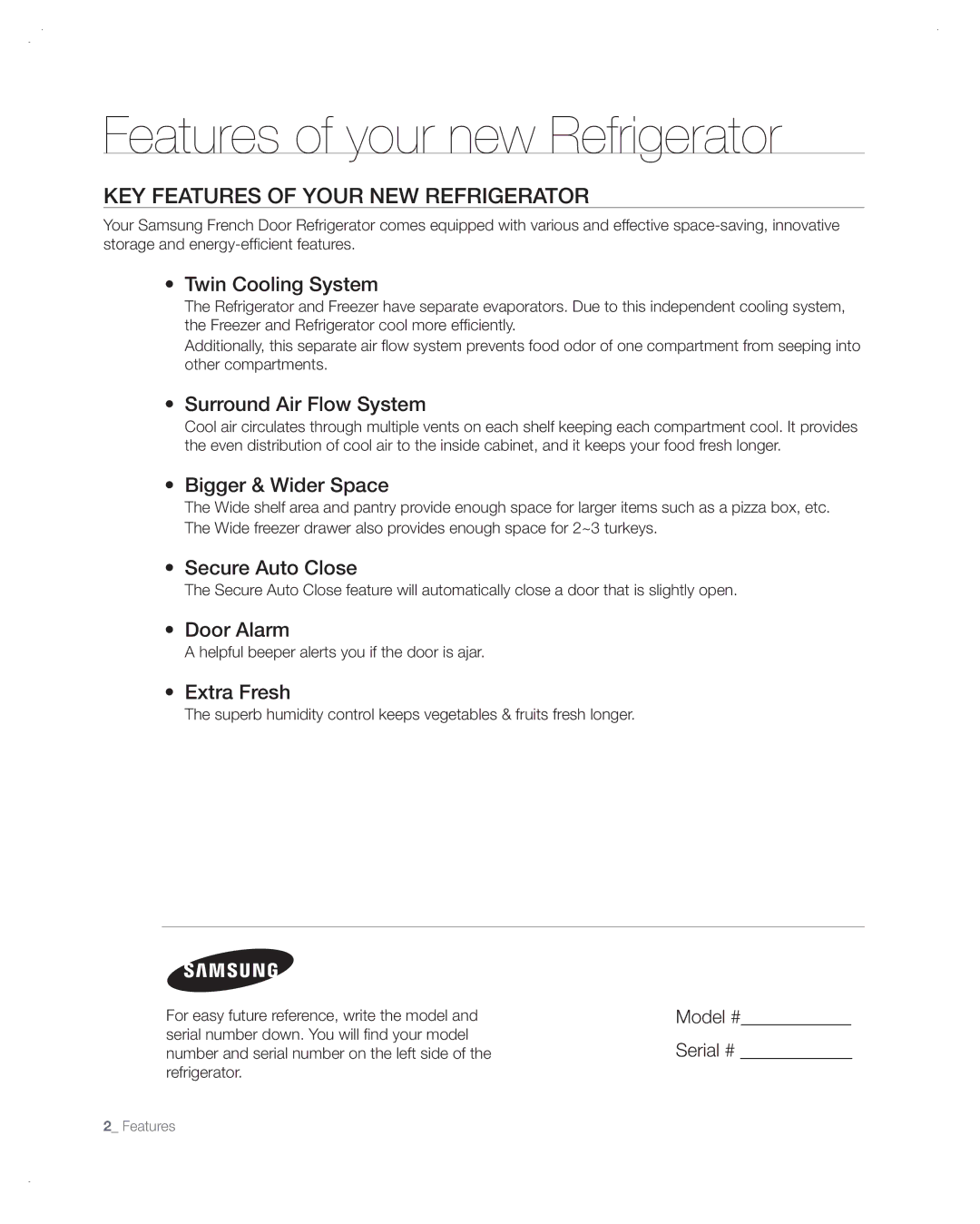 Samsung RF266AA, RF265AA user manual Key features of your new refrigerator, Model # Serial # 