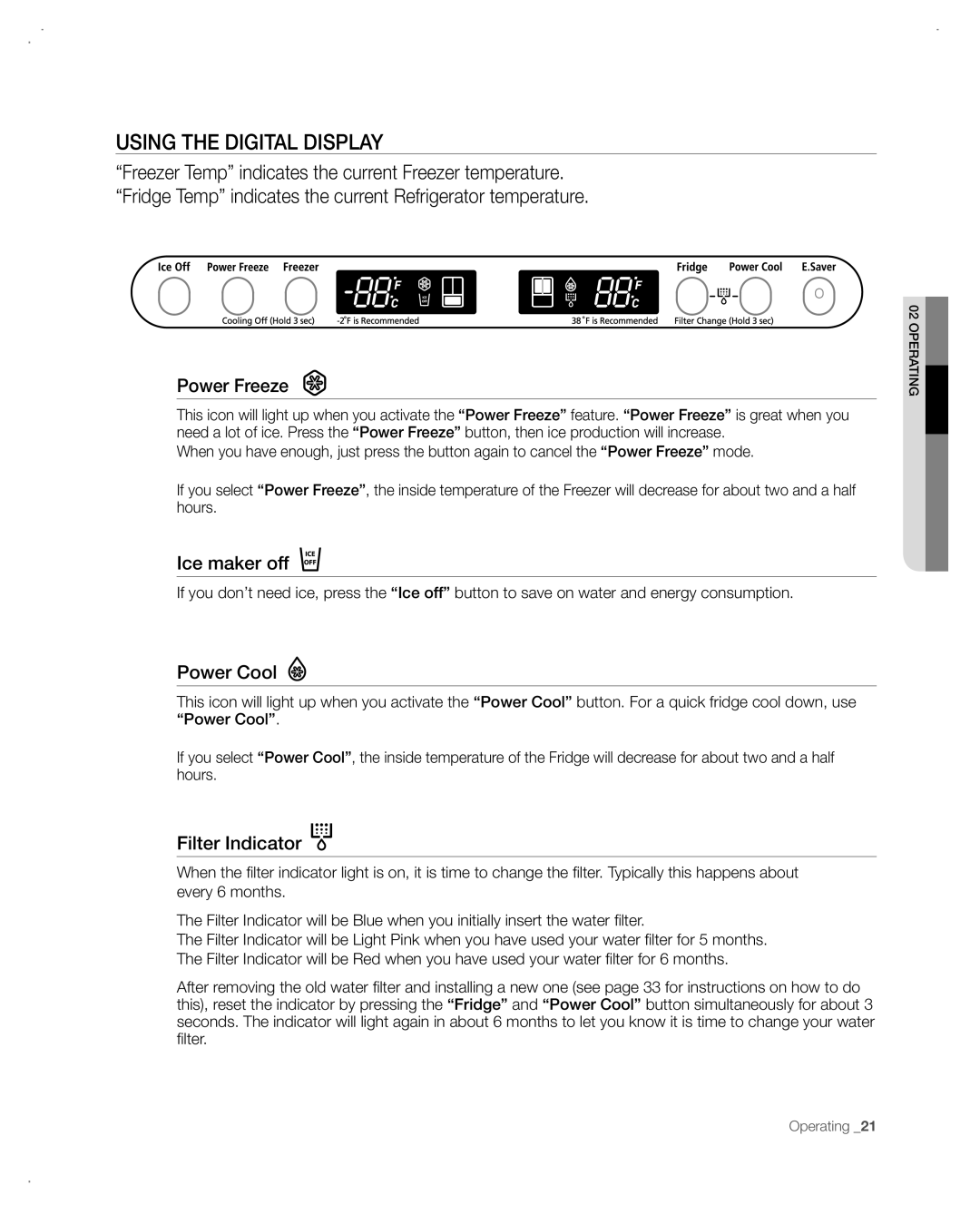 Samsung RF265AA, RF266AA user manual Using the Digital Display, Power Freeze, Ice maker off, Power Cool, Filter Indicator 