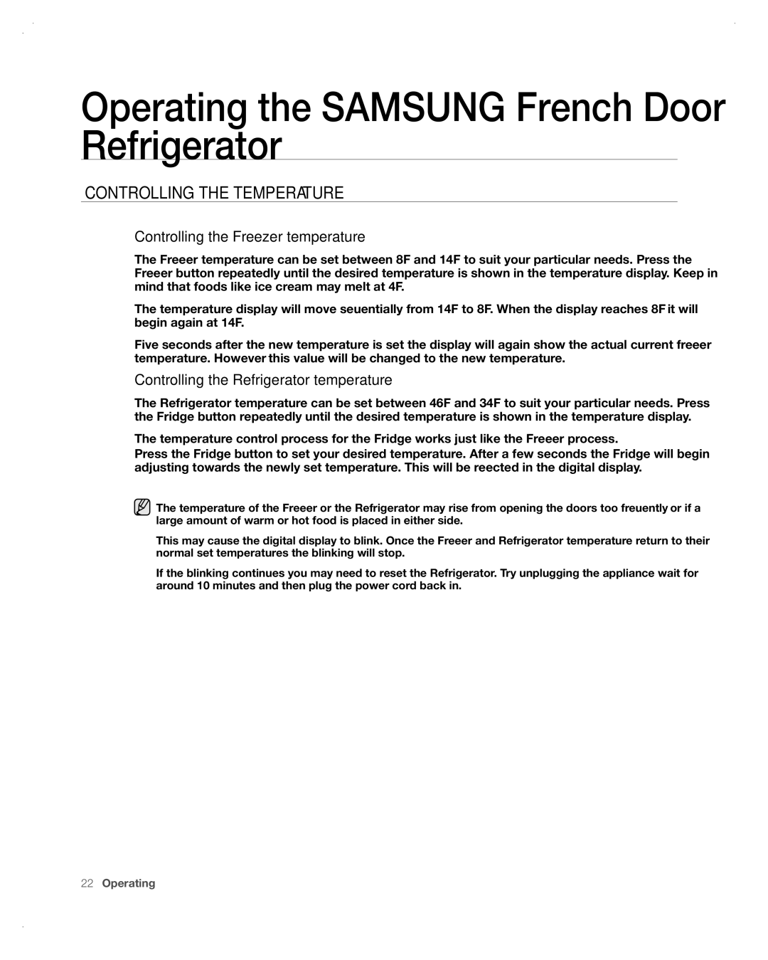 Samsung RF266AA Controlling the Temperature, Controlling the Freezer temperature, Controlling the Refrigerator temperature 