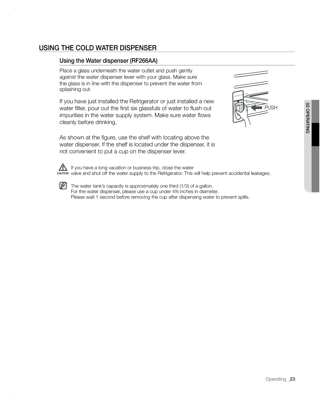 Samsung RF265AA user manual Using tHe CoLD wAteR DisPenseR, Using the water dispenser RF266AA 