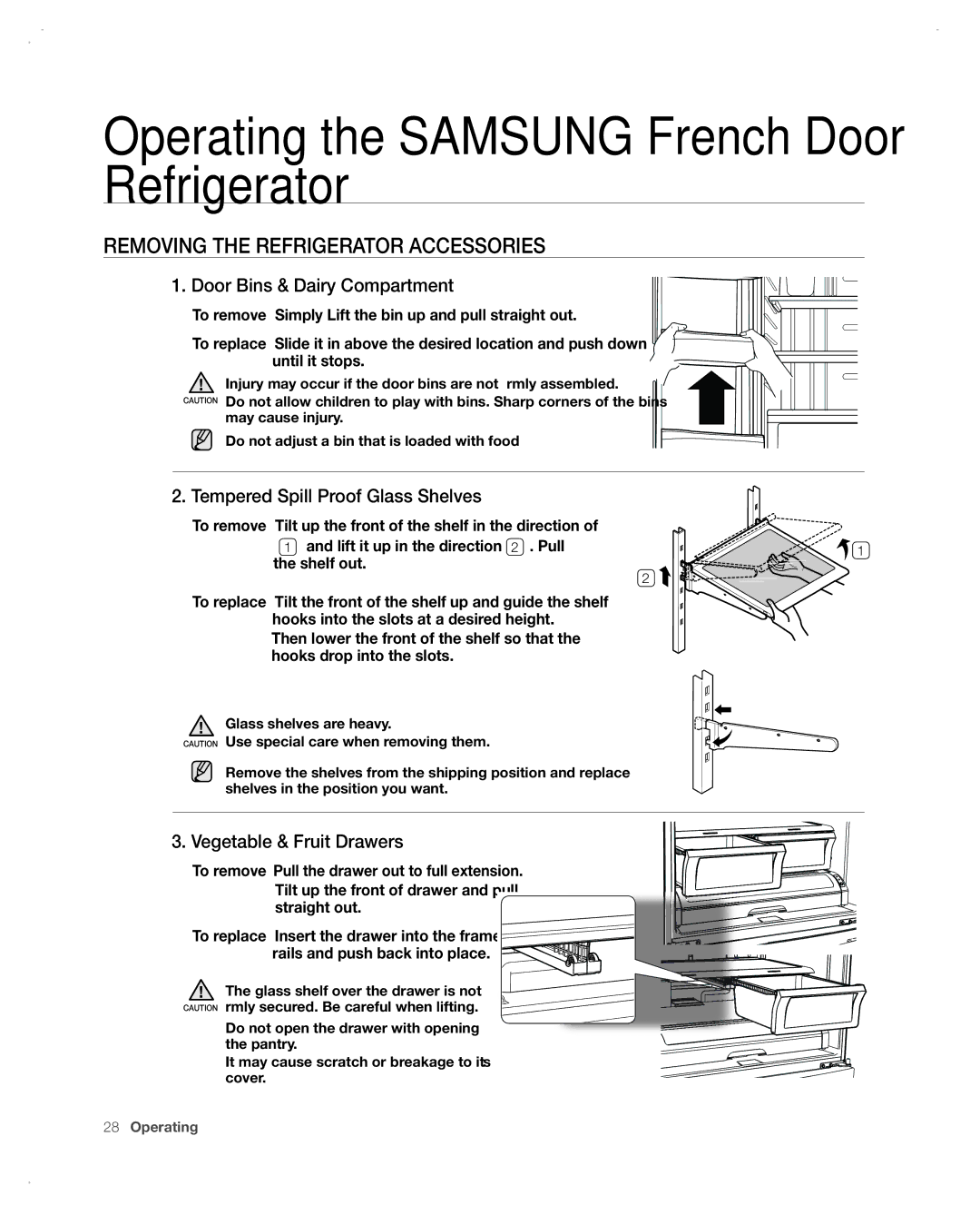 Samsung RF266AA ReMoVing tHe ReFRigeRAtoR ACCessoRies, Door Bins & Dairy Compartment, Tempered spill Proof glass shelves 