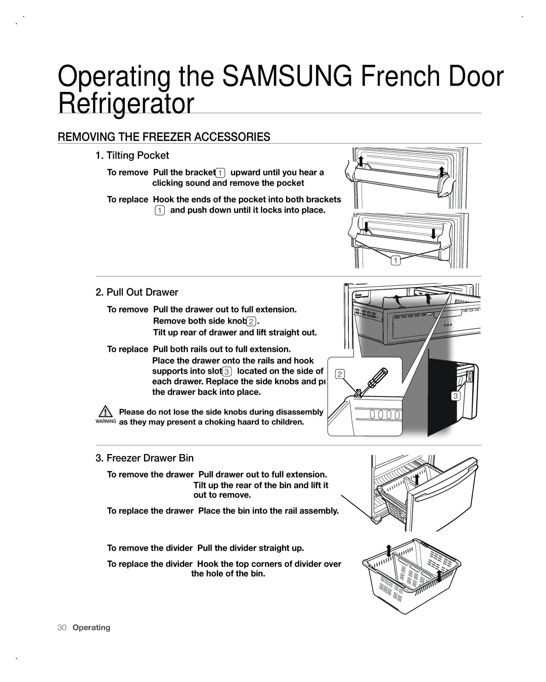 Samsung RF266AA, RF265AA user manual ReMoVing tHe FReezeR ACCessoRies, Tilting Pocket, Pull out Drawer, Freezer Drawer Bin 