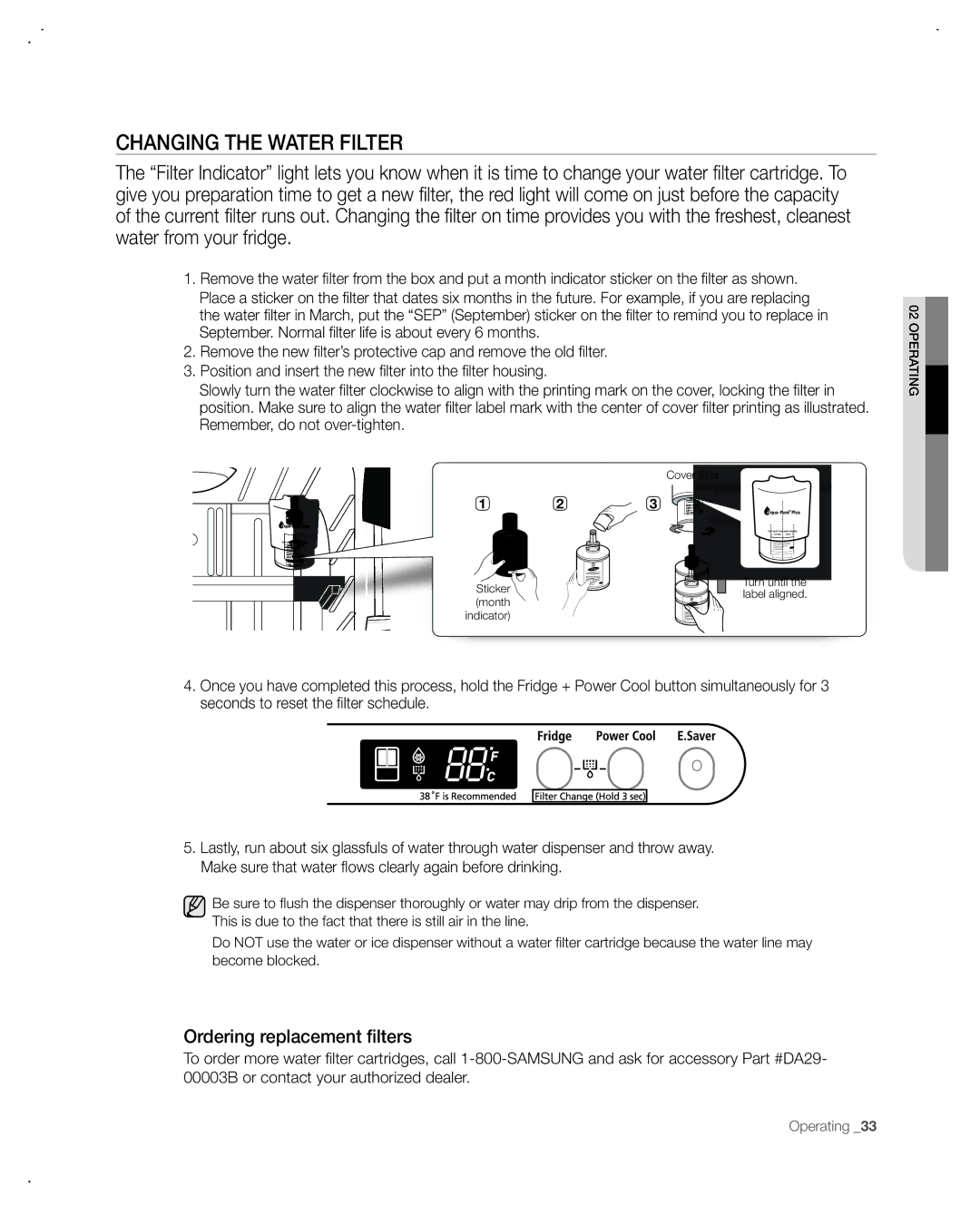 Samsung RF265AA, RF266AA user manual CHAnging tHe wAteR FiLteR, Ordering replacement fi lters 