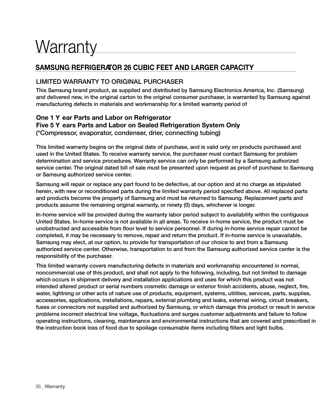 Samsung RF266AA, RF265AA user manual Warranty, Samsung Refrigerator 26 Cubic Feet and Larger Capacity 