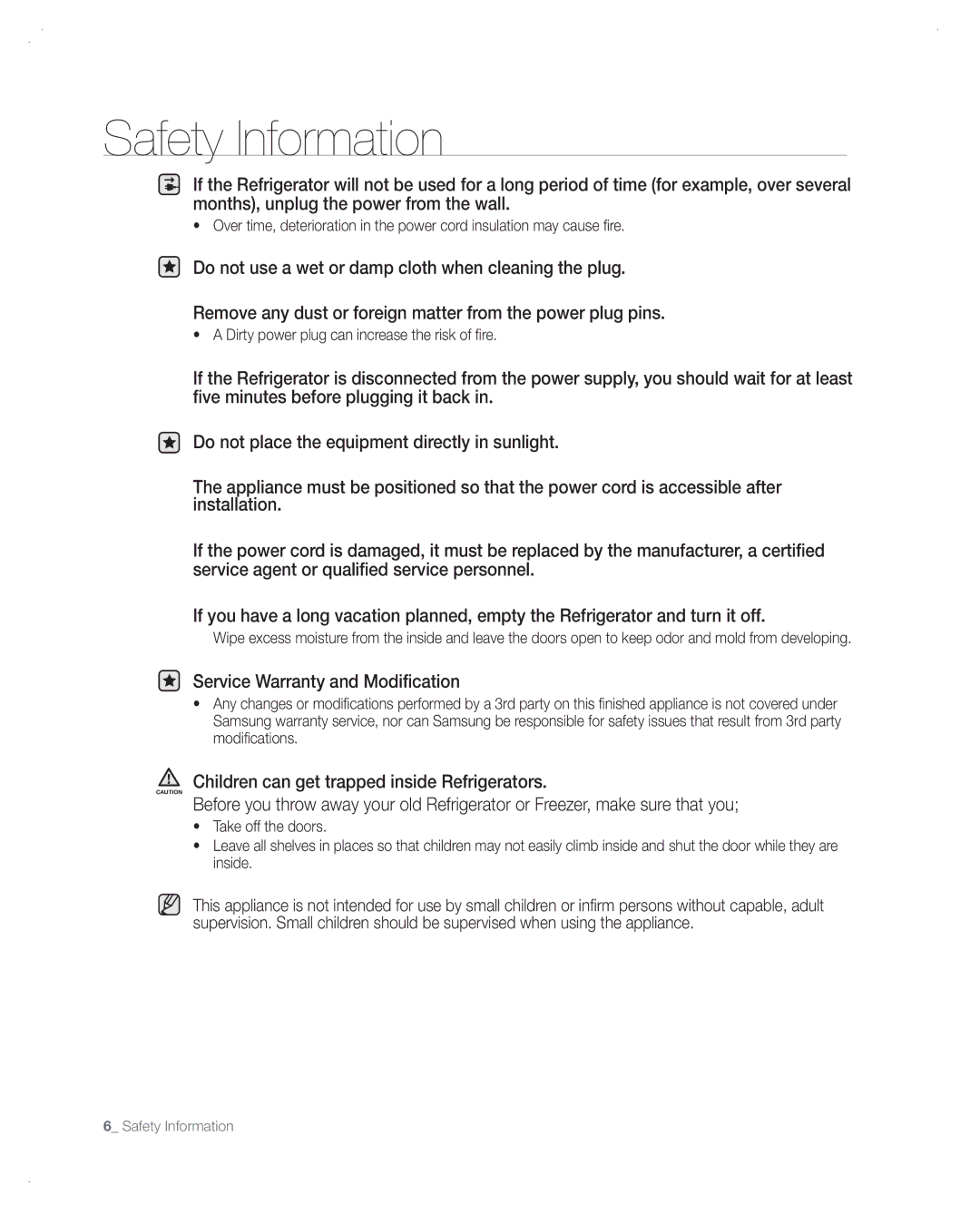 Samsung RF266AA, RF265AA user manual Service Warranty and Modification, Children can get trapped inside Refrigerators 