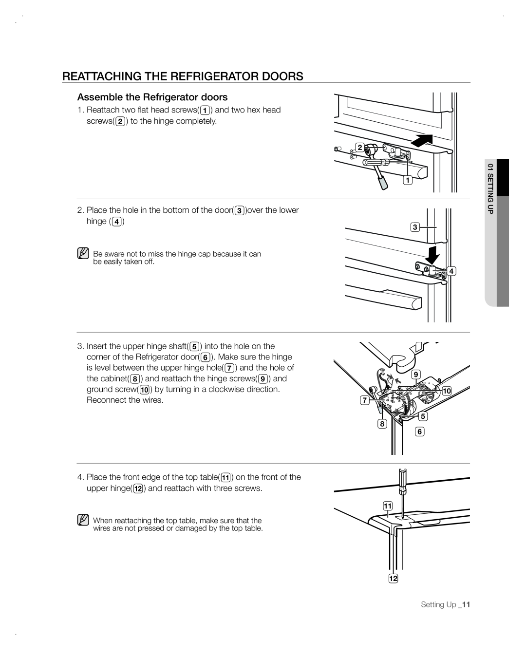 Samsung RF265AA, RF266AA user manual Reattaching The Refrigerator Doors, Assemble the Refrigerator doors 