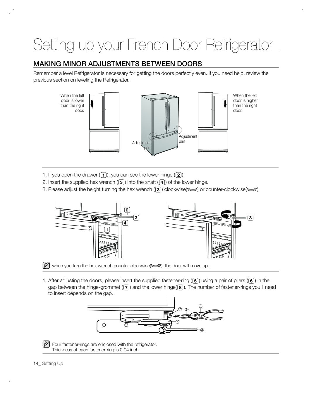 Samsung RF266AA, RF265AA user manual Making Minor Adjustments Between Doors, Setting up your French Door Refrigerator 