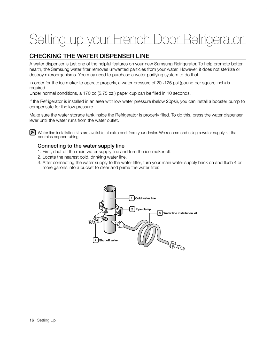 Samsung RF266AA, RF265AA user manual Checking The Water Dispenser Line, Connecting to the water supply line 