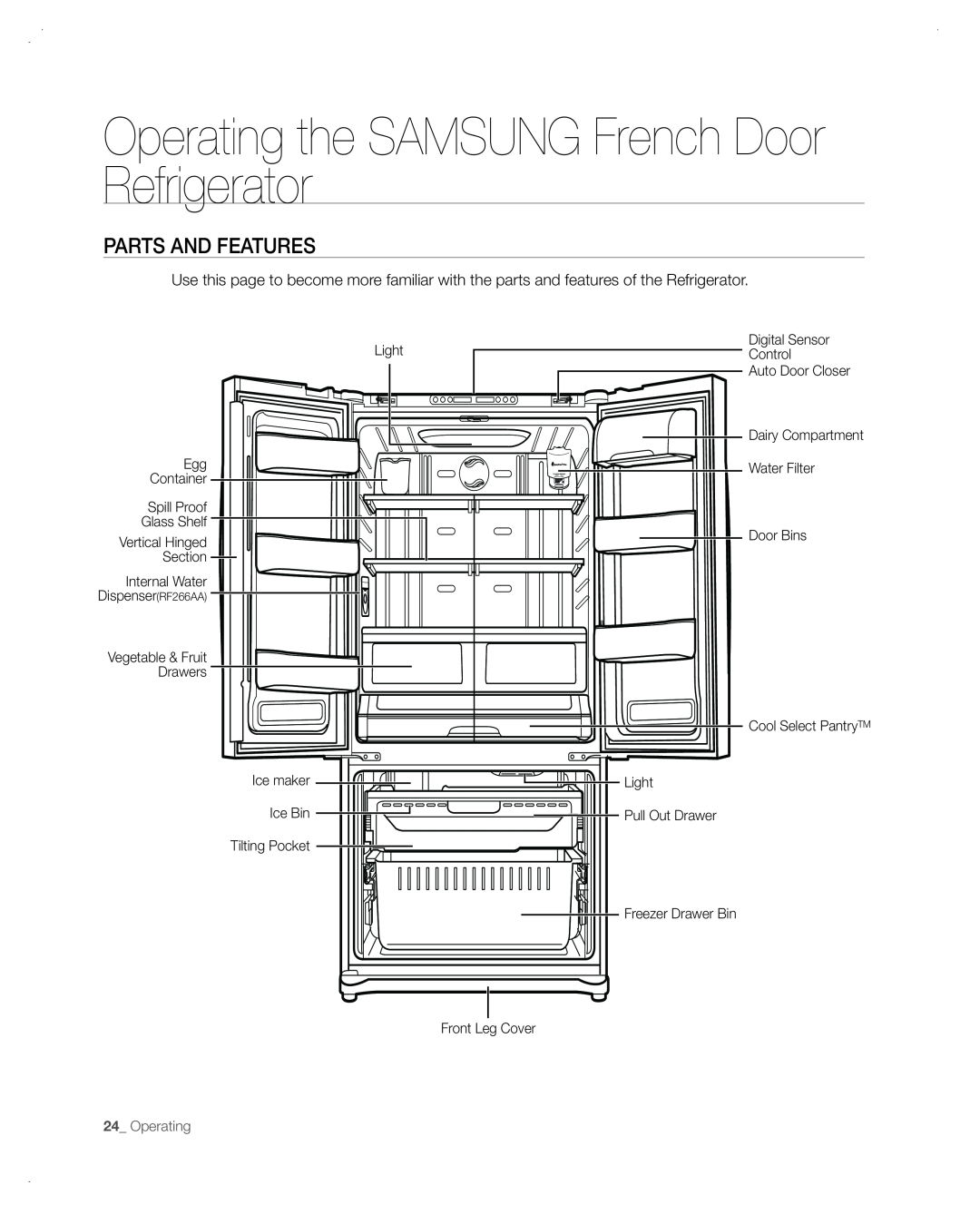 Samsung RF266AA, RF265AA user manual Parts And Features, Operating the SAMSUNG French Door Refrigerator 