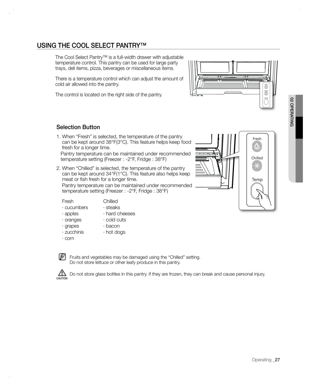Samsung RF265AA, RF266AA user manual using tHe CooL seLeCt PAntRy, selection Button 