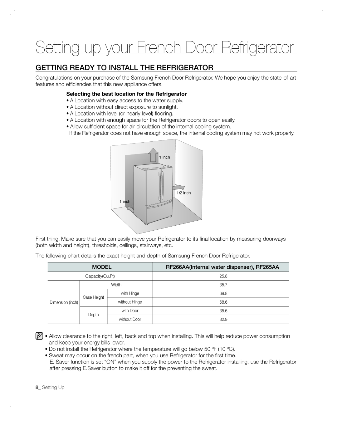 Samsung RF266AA, RF265AA user manual Setting up your French Door Refrigerator, Getting Ready To Install The Refrigerator 