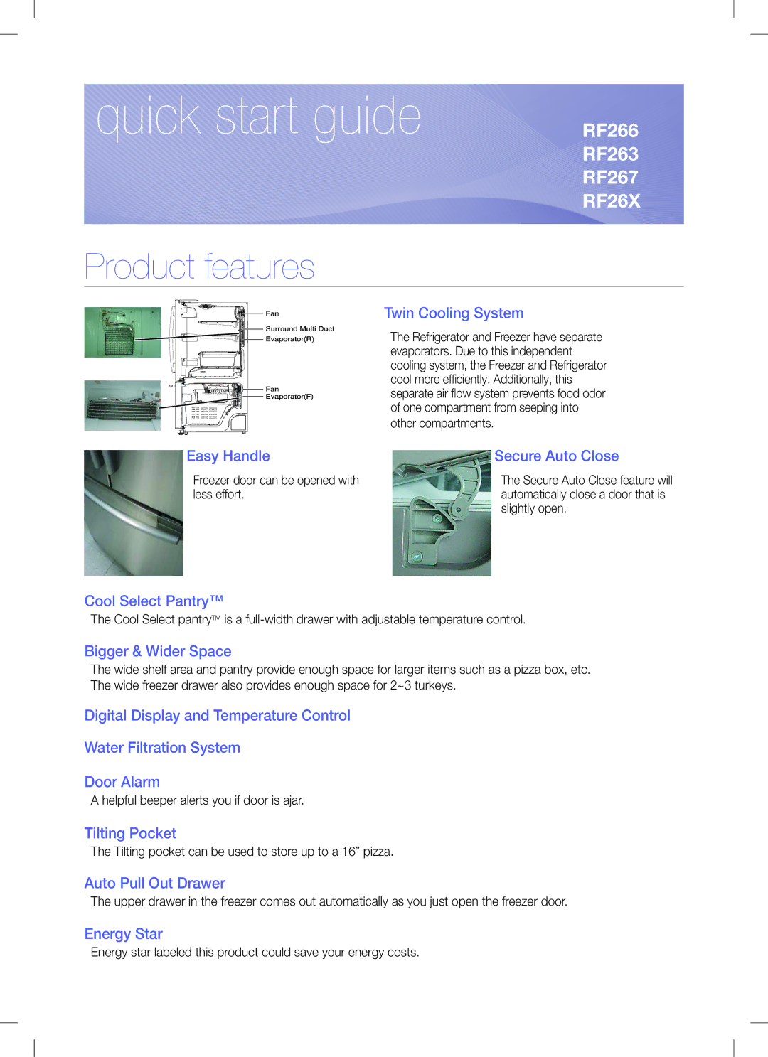 Samsung RF26X, RF267 quick start Quick start guide, Product features 