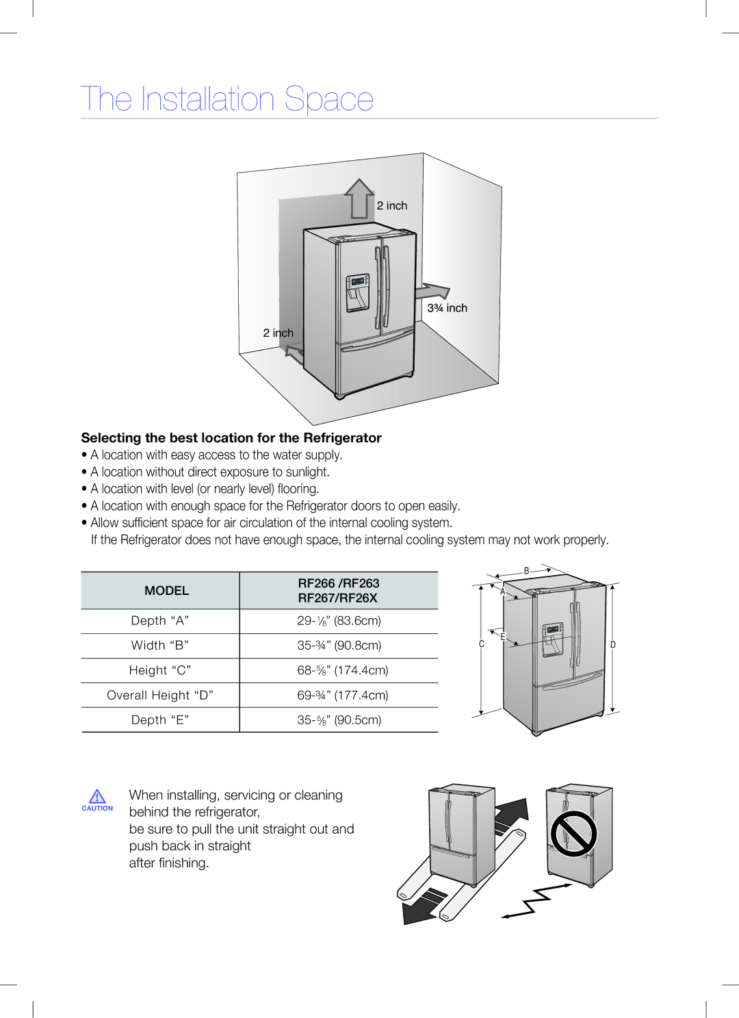 Samsung RF26X, RF267 quick start Installation Space, Selecting the best location for the Refrigerator 