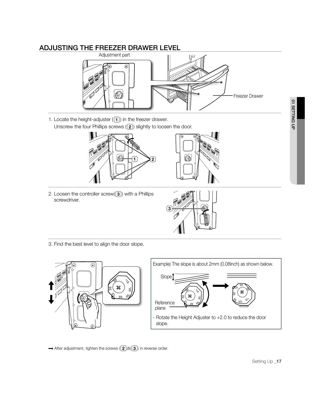 Samsung RF267AA user manual Adjusting the Freezer Drawer Level 