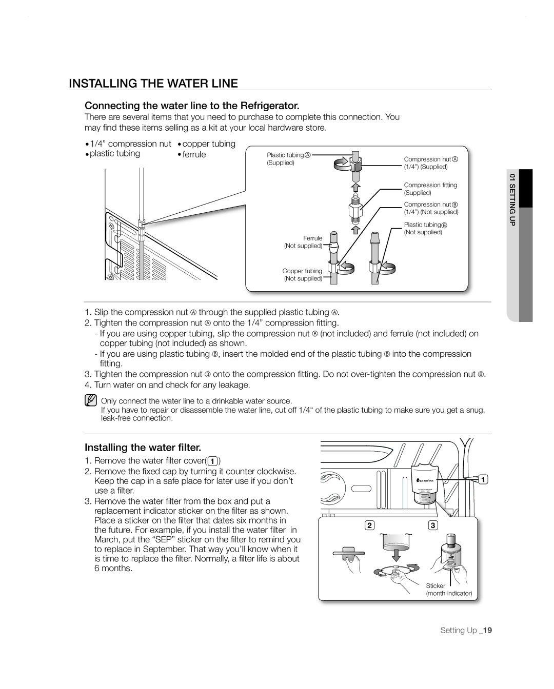 Samsung RF267AA Installing the Water Line, Connecting the water line to the Refrigerator, Installing the water filter 