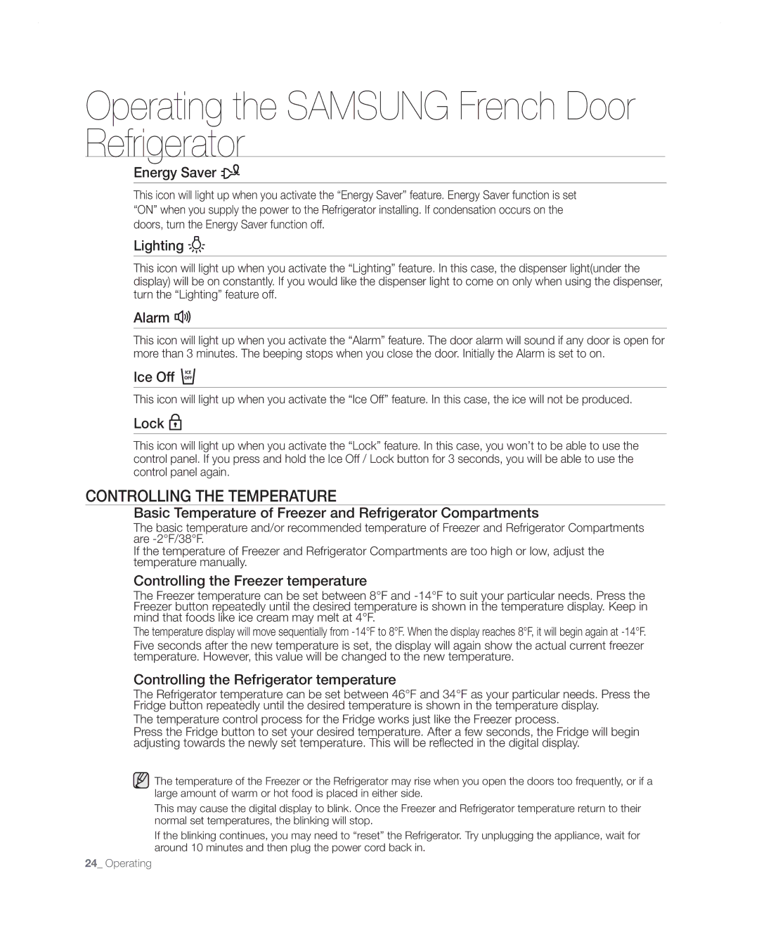 Samsung RF267AA user manual Controlling the Temperature 