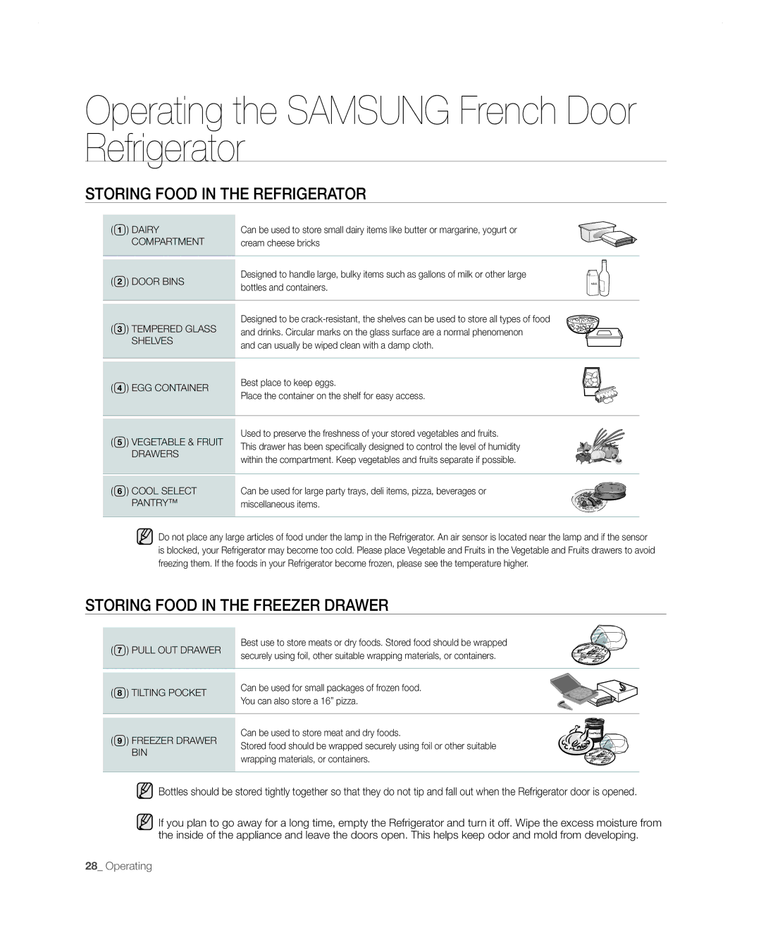 Samsung RF267AA user manual Storing Food in the Refrigerator, Storing Food in the Freezer Drawer 