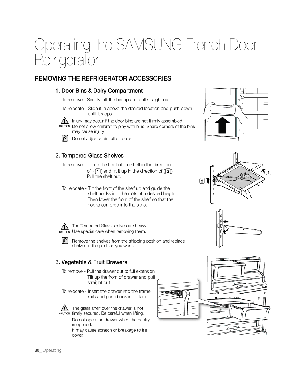 Samsung RF267AA user manual Removing the Refrigerator Accessories, Door Bins & Dairy Compartment, Tempered Glass Shelves 