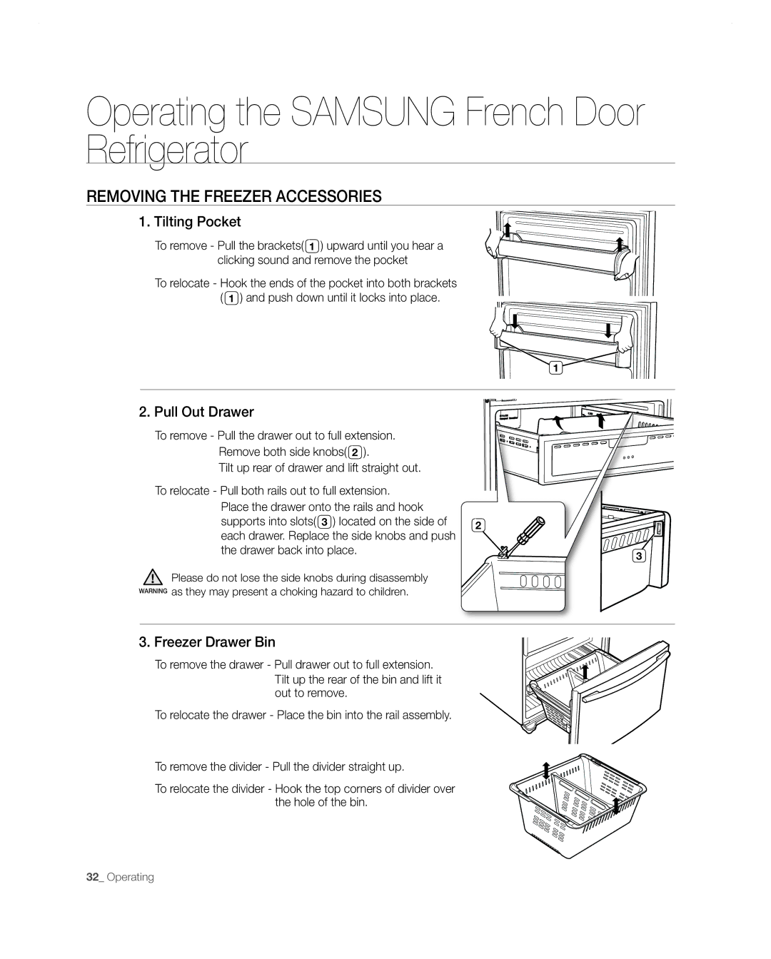 Samsung RF267AA user manual Removing the Freezer Accessories, Tilting Pocket, Pull Out Drawer, Freezer Drawer Bin 