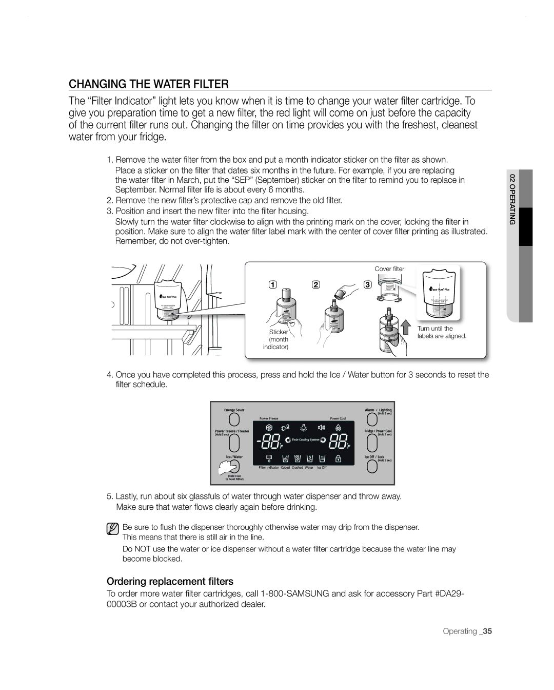 Samsung RF267AA user manual Changing the Water Filter, Ordering replacement filters 