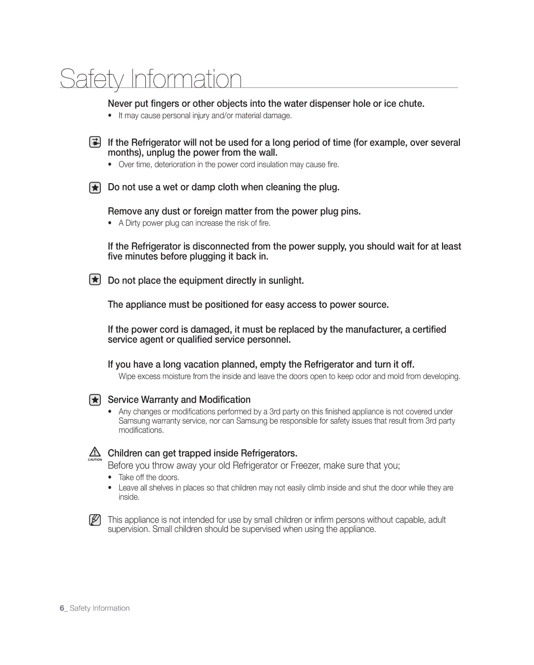 Samsung RF267AA user manual Service Warranty and Modification, Children can get trapped inside Refrigerators 