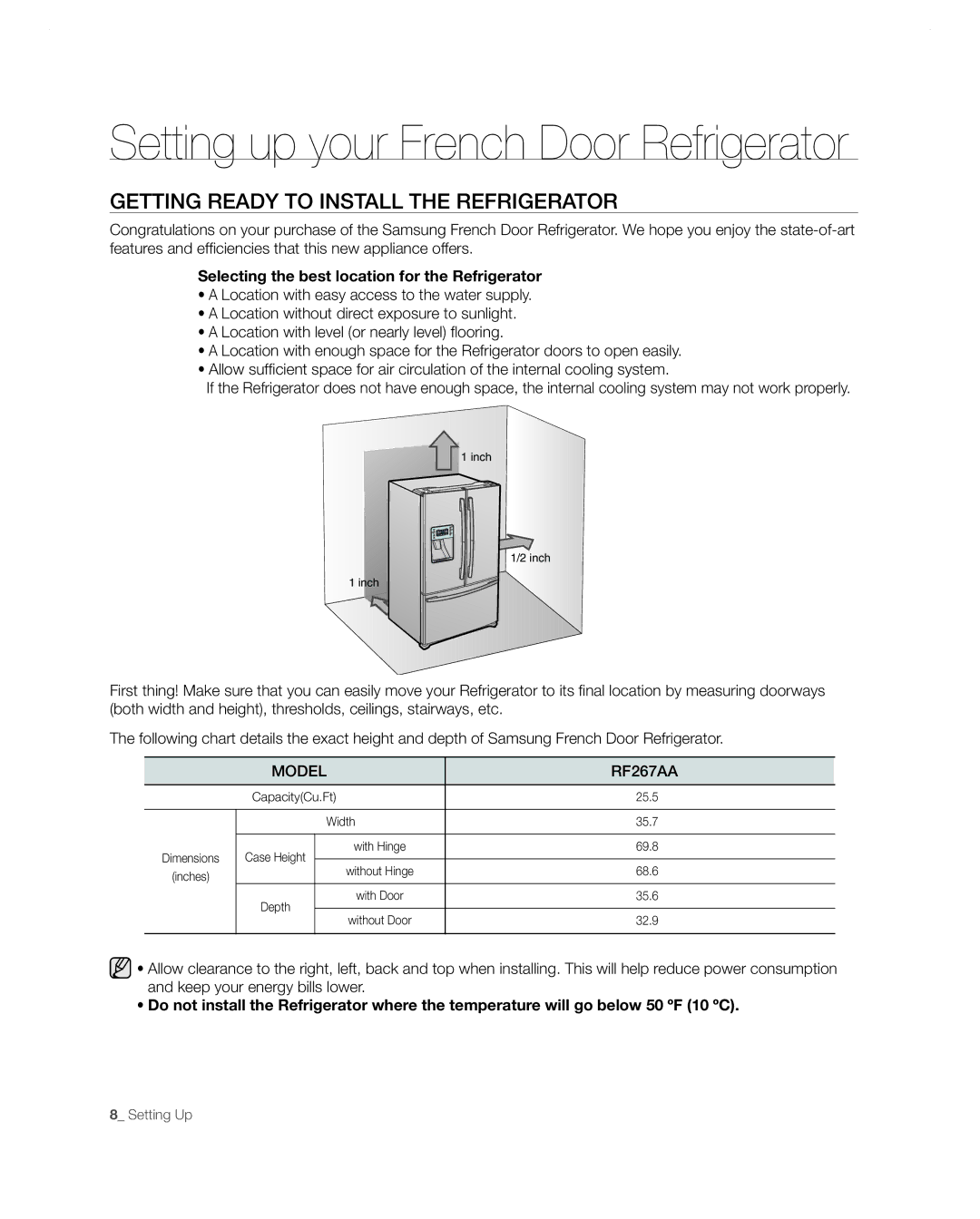 Samsung RF267AA user manual Setting up your French Door Refrigerator, Getting Ready to Install the Refrigerator 