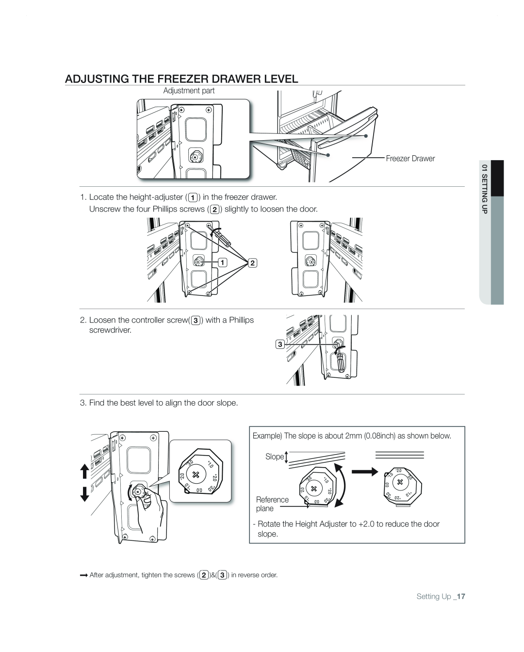 Samsung RF267AA user manual Adjusting The Freezer Drawer Level 