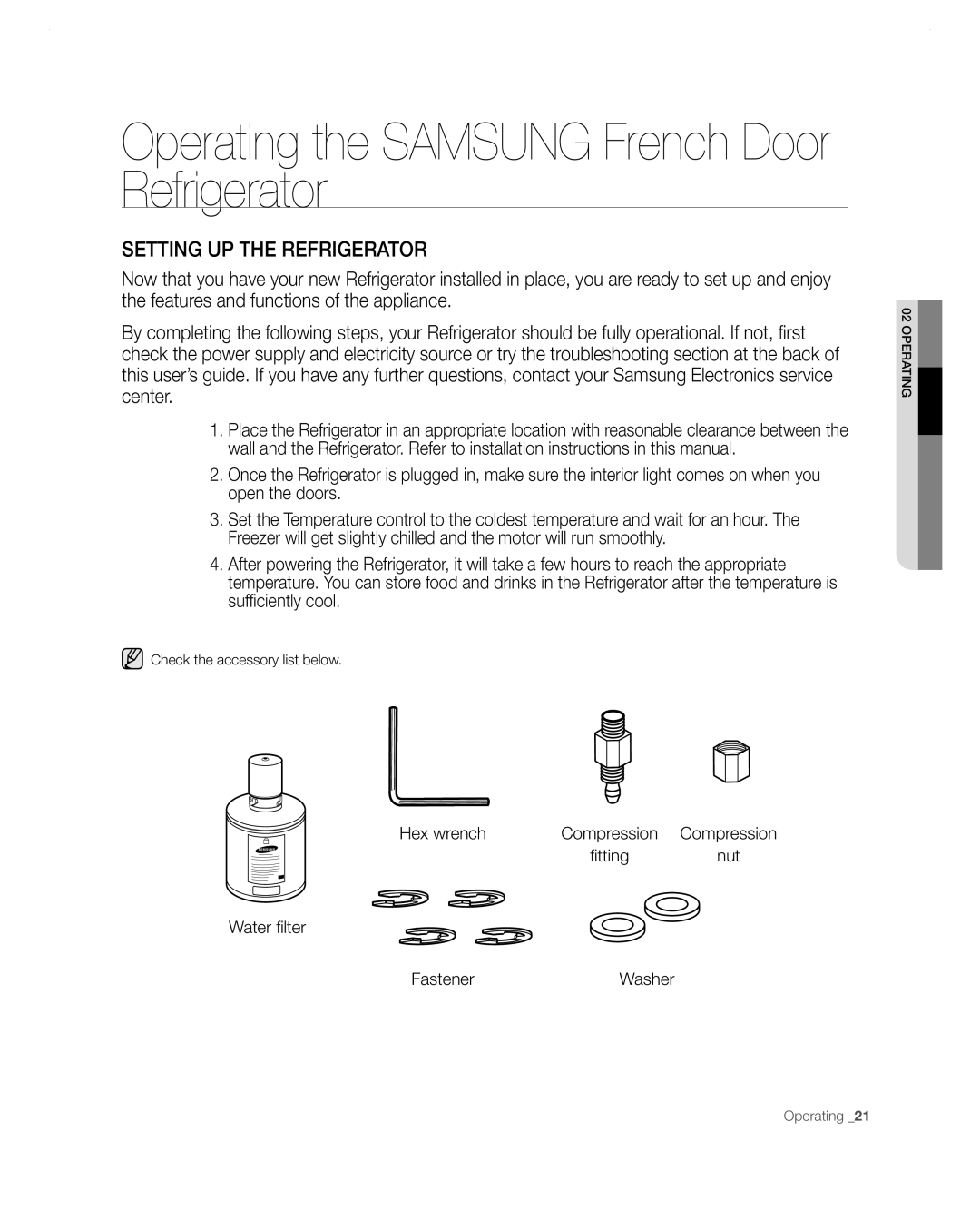Samsung RF267AA user manual Operating the SAMSUNG French Door Refrigerator, Setting Up The Refrigerator 